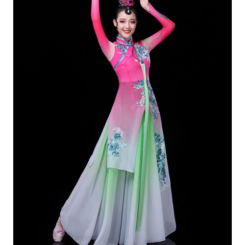 Women's traditional chinese folk dance dresses fan umbrella dancers oriental dance dress costumes